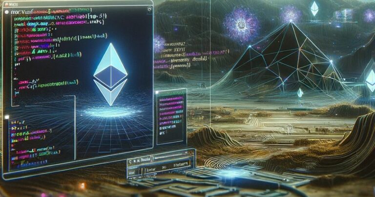 Ai Generated Image showing NFT minting code and Ethereum logo in a digital workspace.