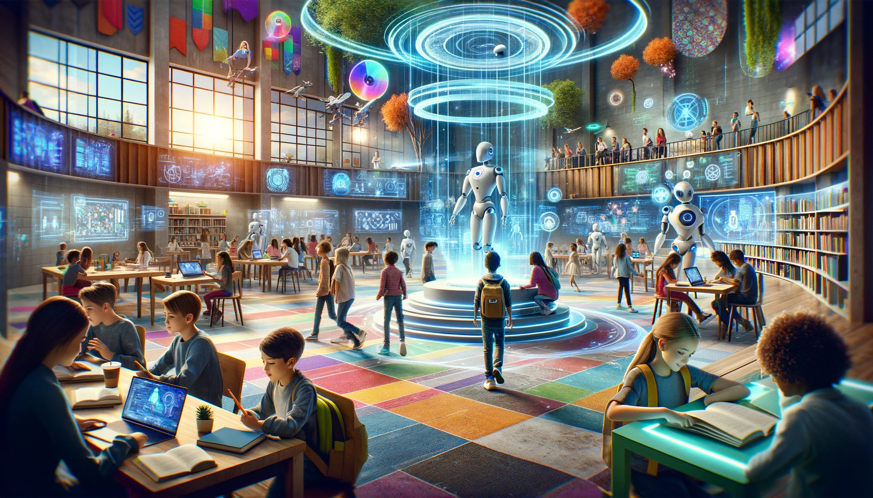 A futuristic and vibrant classroom showcasing diverse students engaged in personalized learning with AI technology, including holographic displays, VR headsets, and robot tutors, in a space blending nature and advanced tech.