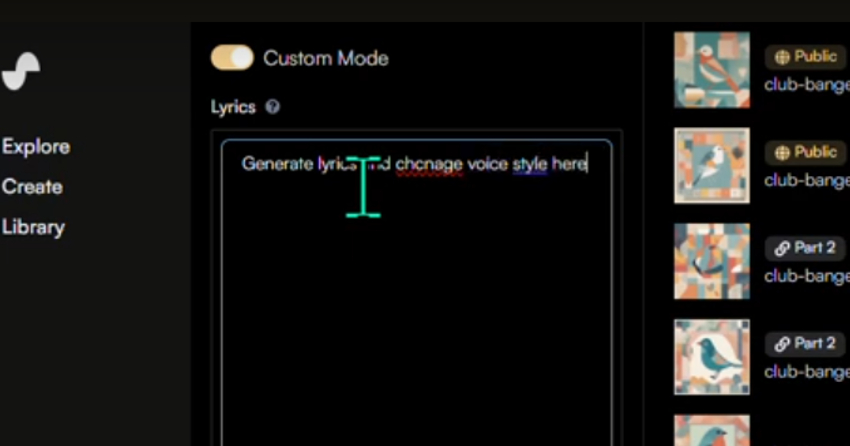 User adding custom instructions for song creation.