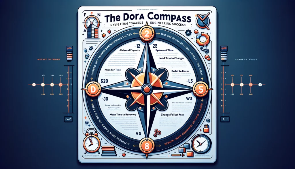  Ai generated image for DORA Compass - Navigating Towards Engineering Success. This visually engaging infographic will map out the benefits of DORA metrics, offering a glance at how each metric not only benchmarks current performance but also charts a course towards continuous improvement and alignment with business OKRs. 